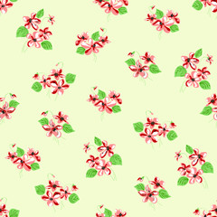 Blossom floral seamless pattern. Doodle abstract flowers with leaves scattered random. Trendy color vector texture. Good for fashion prints, fabric, design. Hand drawn pink flowers on beige background