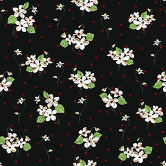Blossom seamless pattern. Doodle abstract flowers with leaves scattered random. Trendy color texture. Good for fashion prints, fabric, design. Hand drawn white flowers on black polka dots background
