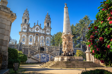 Nossa Senhora dos Remédios Sanctuary in Lamego, Portugal, with the church in the background and...