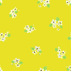 Romantic blossom floral seamless pattern. Doodle abstract botanical motifs scattered random. Trendy vector texture. Fashion prints, fabric, design. Hand drawn small white flowers on yellow background