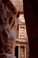 Al Khazneh (The Treasury) at Petra. the most popular attraction of Jordan. view of Treasury from As Siq gorge