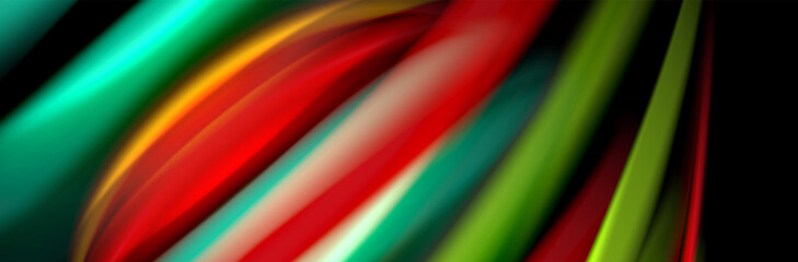 Silk and smooth flow wave poster design. Color waves, liquid style lines and shapes in black color background
