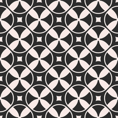 Vector seamless pattern, monochrome mosaic texture with simple geometric shapes, rings, circles, rounded squares. Illustration of propellers, vanes. Abstract dark repeat background, symmetric forms
