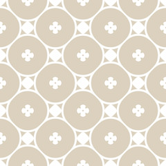 Vector floral seamless pattern. Subtle geometric background with flowers, rounded figures, circles, lattice, repeat tiles. Delicate abstract ornament texture. Elegant design in white and beige colors