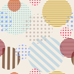 Minimal seamless pattern with polka dots. Modern halftone style. Trendy color vector texture. Striped and dotted circles in pastel colors on beige background. Good for fashion print, wallpaper, design