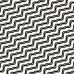 Wavy lines seamless pattern. Vector abstract monochrome texture with diagonal waves, stripes, curved shapes, ropes, threads. Simple black and white geometric background. Repeat design for decor, print