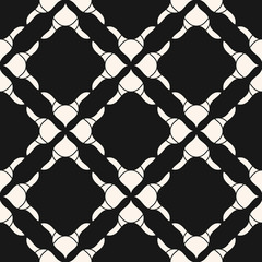 Fototapeta premium Vector floral seamless pattern. Black and white abstract geometric background with curved shapes, flower silhouettes, grid, mesh. Elegant repeat ornament texture. Monochrome design for decor, textile