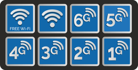 Vector illustration. Set with Free Wifi Blue 6G, 5G, 4G, 3G, 2G and 1 G, symbols with threedimensional effect. Eps10