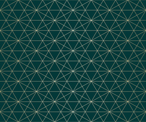 Golden lines pattern. Vector geometric seamless texture with delicate grid, thin diagonal lines, hexagons, triangles. Abstract green and gold graphic background. Subtle repeat ornament. Premium design