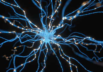 Conceptual image of a neuron energized with electric charge. Concept of science and research of the human brain.