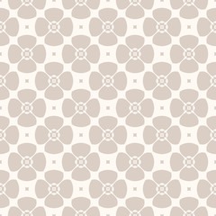 Simple geometric floral pattern. Vector seamless texture with flower shapes. Subtle abstract minimal background in beige color palette. Delicate repeat design for decor, textile, wallpapers, linens