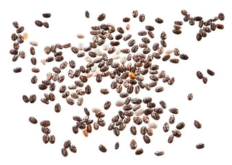 Heap of chia seeds isolated on a white background. Top view.