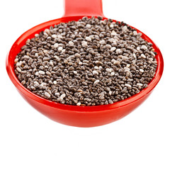 Chia seeds in a red plastic spoon isolated on a white background.