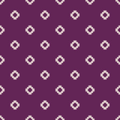 Vector minimalist floral geometric seamless pattern. Simple texture with small crosses, squares, flower silhouettes. Pixel art background. Ethnic folk motif. Lilac and purple color. Repeated design