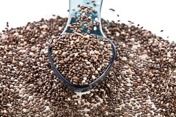 Chia seeds in a blue plastic spoon isolated on a white background. Top view.