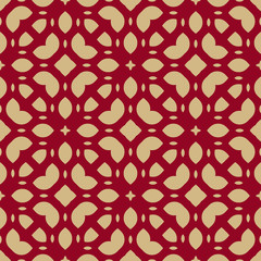 Vector ornamental seamless pattern in oriental style. Elegant texture in burgundy and gold color. Luxury abstract mosaic background with floral shapes, leaves, curved mesh, grid, net. Repeat design