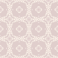Subtle vector ornamental seamless pattern with carved grid, lattice, stars, diamonds, floral silhouettes. Delicate abstract repeat geometric background. Simple beige and light pink ornament texture