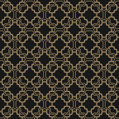 Vector geometric ornament with golden grid, net, mesh, lattice, thin wavy lines. Abstract ornamental seamless pattern. Simple gold and black background in oriental style. Luxury decorative design