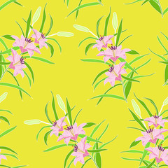 Blossom floral seamless pattern. Lily flowers, branches, leaves scattered random. Trendy abstract vector texture. Good for fashion print, fabric, design. Hand drawn pink flowers on yellow background