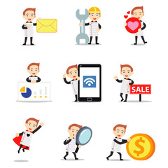 Set character of man need a white paper for writing message.