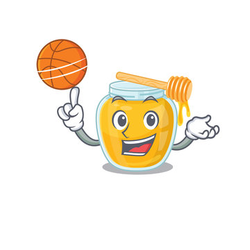 A mascot picture of honey cartoon character playing basketball