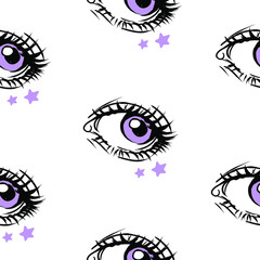 vector seamless pattern with hand-drawn cartoon female purple eyes. it can be used as Wallpaper, background, print, textile design, notebooks, phone cases, packaging paper, and more.