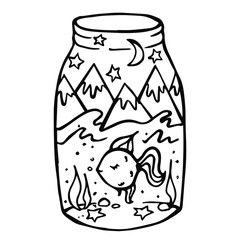 vector drawing of a magic goldfish in a jar isolated on a white background. sea, mountains, night sky.