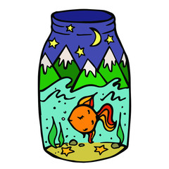vector drawing of a magic goldfish in a jar isolated on a white background. sea, mountains, night sky.