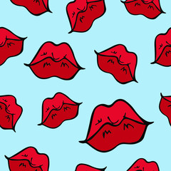 vector seamless pattern with hand-drawn red female lips on a blue background. it can be used as Wallpaper, background, print, textile design, notebooks, phone cases, packaging paper, and more.