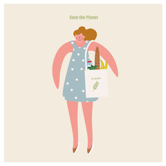 Сute vector illustration with a girl about green shopping