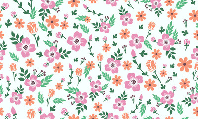 Seamless floral pattern background for spring, with leaf and flower drawing.