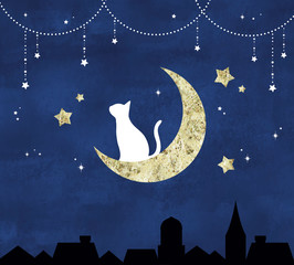 三日月の上の猫と星空 © まるまる