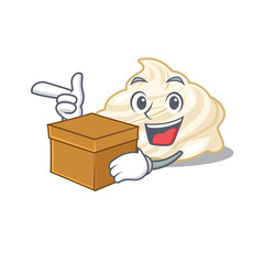 Cute whipped cream cartoon character having a box