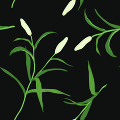 Blossom floral seamless pattern. Lily buds with branches and leaves scattered random. Trendy abstract vector texture. Good for fashion prints, fabric, design. Hand drawn flowers on black background