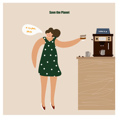 Cute vector illustration with a girl who buys coffee in her glass