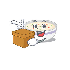 Cute steamed egg cartoon character having a box