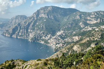 Fototapeta premium Positano viewed from the Path of the Gods hiking trail.