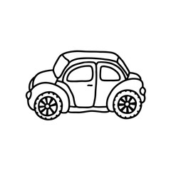 Funny toy car in black outline style on a white background. Coloring book for children. Vector illustration.