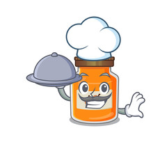 A picture of peach jam as a Chef serving food on tray