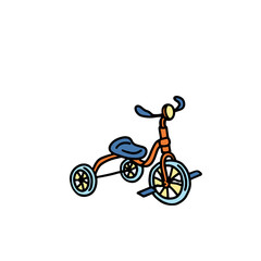  Funny toy tricycle in cartoon style on a white background. Children's toy bike. Bright picture for children. Vector illustration.