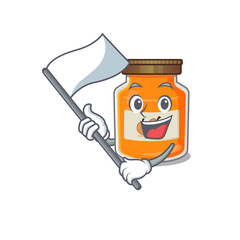 Fototapeta na wymiar Funny peach jam cartoon character style holding a standing flag