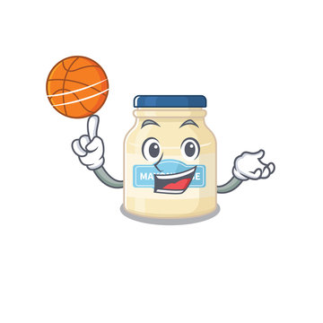A mascot picture of mayonnaise cartoon character playing basketball