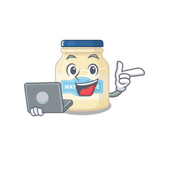 Cool character of mayonnaise working with laptop