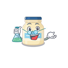 Cool mayonnaise Professor cartoon character with glass tube