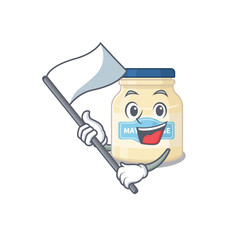 Fototapeta na wymiar Funny mayonnaise cartoon character style holding a standing flag