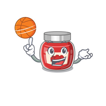 A mascot picture of raspberry jam cartoon character playing basketball