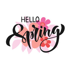 Spring season advertising template. Hand drawn brush lettering Hello spring © Alena Koval