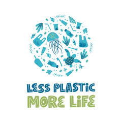 Zero waste and plastic free lifestyle slogan. Waste contamination and water pollution poster design