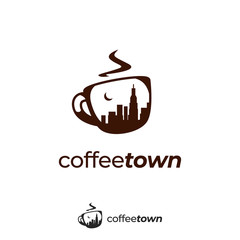 coffee cup logoCoffee town logo with town city skyscraper silhouette inside mug icon symbol illustration