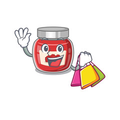 A friendly rich raspberry jam waving and holding Shopping bag